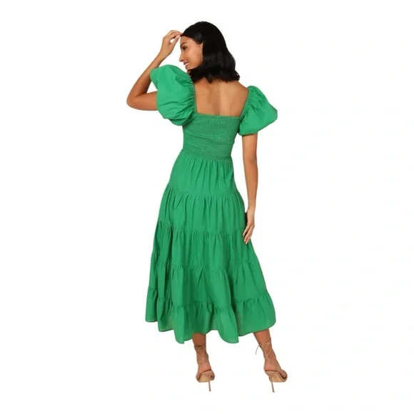 PETAL & PUP new Morgan Annette Green Shirred A-Line Puff Sleeve Tier Dress NWOT - Picture 3 of 15
